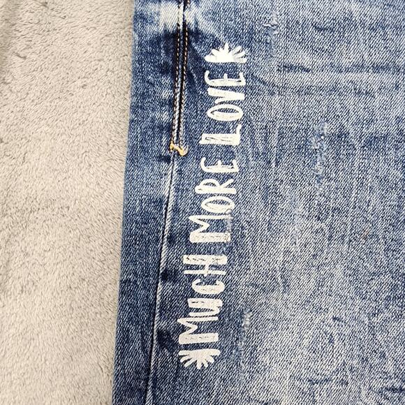 Zara Trafaluc denimwear Jeans Womens 8 Blue Distressed Graffiti Slim Leg Raw Hem - Picture 4 of 16